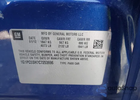 2012 Chevrolet Cruze Ls z USA, uszkodzony, nr VIN 1G1PC5SH7C7253696